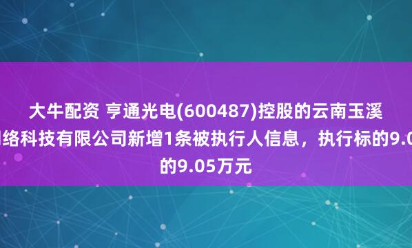大牛配资 亨通光电(600487)控股的云南玉溪誉联网络科技有限公司新增1条被执行人信息，执行标的9.05万元